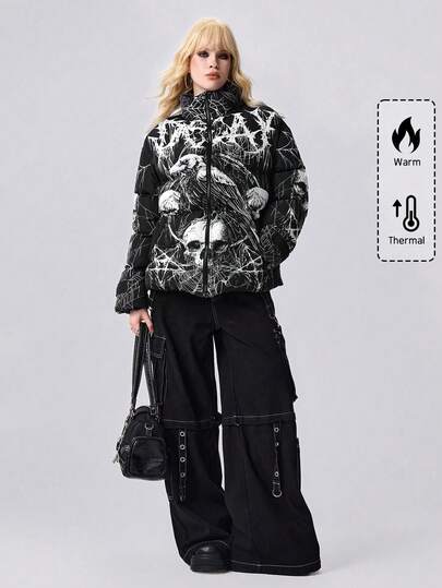 ROMWE Grunge Punk Women's Gothic Skull, Pentagram, Spider Web All-Over Print Padded Coat