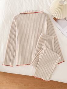 女童提花羊毛罗纹面料长袖上衣和裤子撞色边家居服套装 - 彩色 - 查看 2