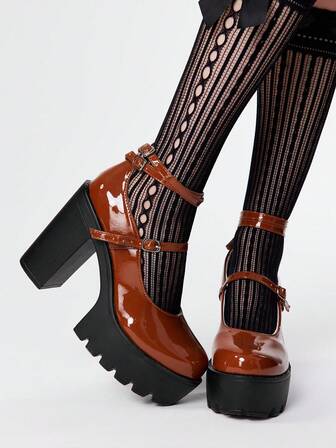 Kawaii Bombas de tacón grueso con correa de tobillo de punta cerrada marrón para mujer, zapatos de vestir de plataforma impermeables para fiesta