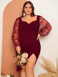 SHEIN Belle 大码花卉植绒网纱裹身伴娘礼服 - 紫紅色 - 查看 8