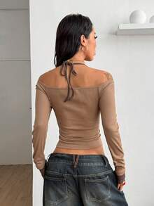 Coolane t-shirts à manches longues avec encolure dégagée, rayures kaki et marron, style vintage Y2K, gothique et grunge. Confortables et extensibles, parfaits pour une sortie en ville en automne/hiver - Kaki - Voir 2