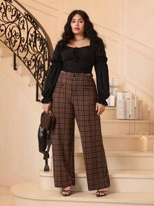 SHEIN MOD Quần ống rộng ống đứng họa tiết kẻ caro cổ điển thanh lịch cỡ lớn, phù hợp cho việc đi lại trong thành phố - màu nâu - Xem 4