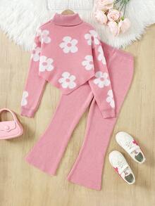 Sparklyn 少女时尚甜美针织高领毛衣搭配休闲裤，适合居家、外出、聚会、返校等场合。 - 粉色 - 查看 3