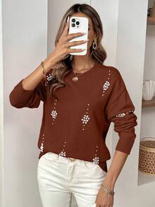 SHEIN LUNE Casual Soft Pearl Embellished Women Sweater - Rust Brown - View 6