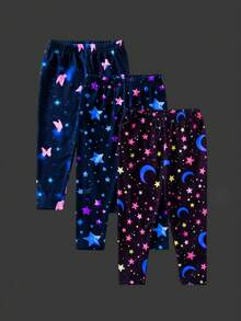SHEIN 女婴可爱休闲百搭针织夜光图案松紧腰裤 - 黑色 - 查看 9
