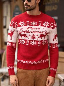 Manfinity VCAY Herren Weihnachts-Element-Muster Strickpullover, Slim Fit Rundhals Langarm Pullover, Herbst/Winter Roter Pullover Herren Weihnachts Strickpullover Herren Weihnachtspullover Männer Grafik Pullover für Herren - Rot - Übersicht 4