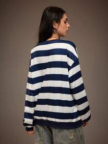 Sparklyn Hanorac retro bleumarin francez pentru fete adolescente, cu dungi late, color block, guler rotund, lejer, cu mânecă lungă, grosime confortabilă, nu pufoasă - Stil casual lejer, potrivit pentru naveta zilnică/întâlniri la cafea/ținute de stradă pentru facultate - Ideal pentru purtare zilnică de primăvară/toamnă - Multicolor - Vizualizare 2