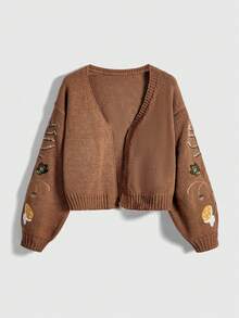 ROMWE Áo len cardigan thêu hình cây nấm Fairycore dành cho nữ - màu nâu - Xem 1
