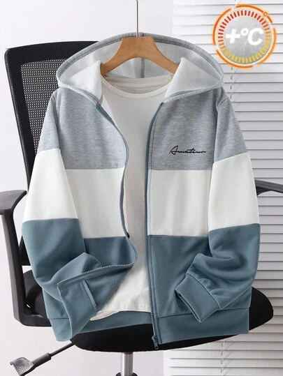 SHEIN Teen Boy Casual Loose Comfortable Versatile Colorblock Patchwork Sweatshirt Jacket, Suitable For Outings, Thanksgiving, Christmas, Winter, Winter Clothes, Cozy Fall & Winter Styles, Gray Top, Long Sleeve Tops, Grey Sweatshirt