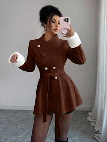 Elenzga Thiết kế cổ áo bất đối xứng dành cho nữ với cổ tay áo lông, eo thắt eo, áo khoác ngoài thanh lịch cho việc đi lại hàng ngày - màu nâu - Xem 5