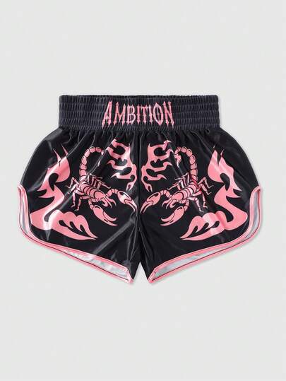 Street Life Pantalones cortos deportivos casuales de mujer con cintura elástica, diseño de contraste de color y patrón de escorpión, pantalones cortos de boxeo