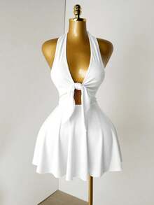 Mistrie Váy ngắn hở lưng màu trơn gợi cảm thời trang dành cho nữ - trắng - Xem 4