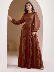 Veilorie Váy suông tay đèn lồng màu trơn thanh lịch phong cách Ả Rập dành cho nữ - màu nâu - Xem 4