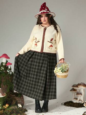 Fairycore Cardigan in maglia beige con ricamo a contrasto di funghi, foglie di acero e piante, stile elegante da foresta, per donne taglie forti, autunno/inverno