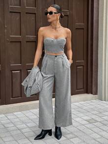 Siren Gaze 女士时尚商务套装 - 无肩带上衣和裤子 - 灰色 - 查看 7