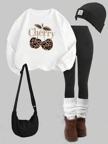 SHEIN EZwear 休闲简约日常时尚百搭套装，樱桃豹纹印花英文字母图案，宽松圆领长袖白色卫衣搭配黑色紧身打底裤，两件套，舒适保暖，适合秋冬季节。 - 彩色 - 查看 6