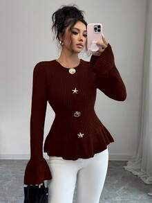 SHEIN Elenzya 女士优雅金属扣袖口荷叶边下摆长袖毛衣，秋冬款 - 鏽棕色 - 查看 3