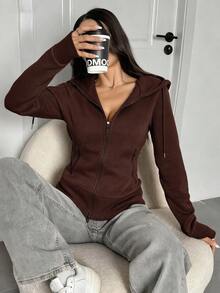 SHEIN EZwear Áo nỉ dáng ôm, màu trơn, lót giữ nhiệt, thích hợp cho mùa Thu/Đông. - Cà phê nâu - Xem 6