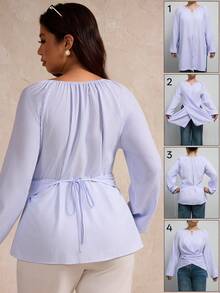 SHEIN LUNE 秋冬季女士休闲串珠条纹裹腰衬衫、工作/办公室、下午衬衫茶、街头日常衬衫 - 藍白色 - 查看 2
