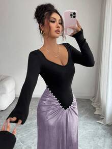 Elenzga Women's Solid Color Patchwork Long Sleeve Dress - Mauve Purple - View 4