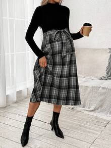 SHEIN Váy xếp ly cổ vuông tay raglan họa tiết caro thanh lịch dành cho bà bầu - Nhiều màu - Xem 2