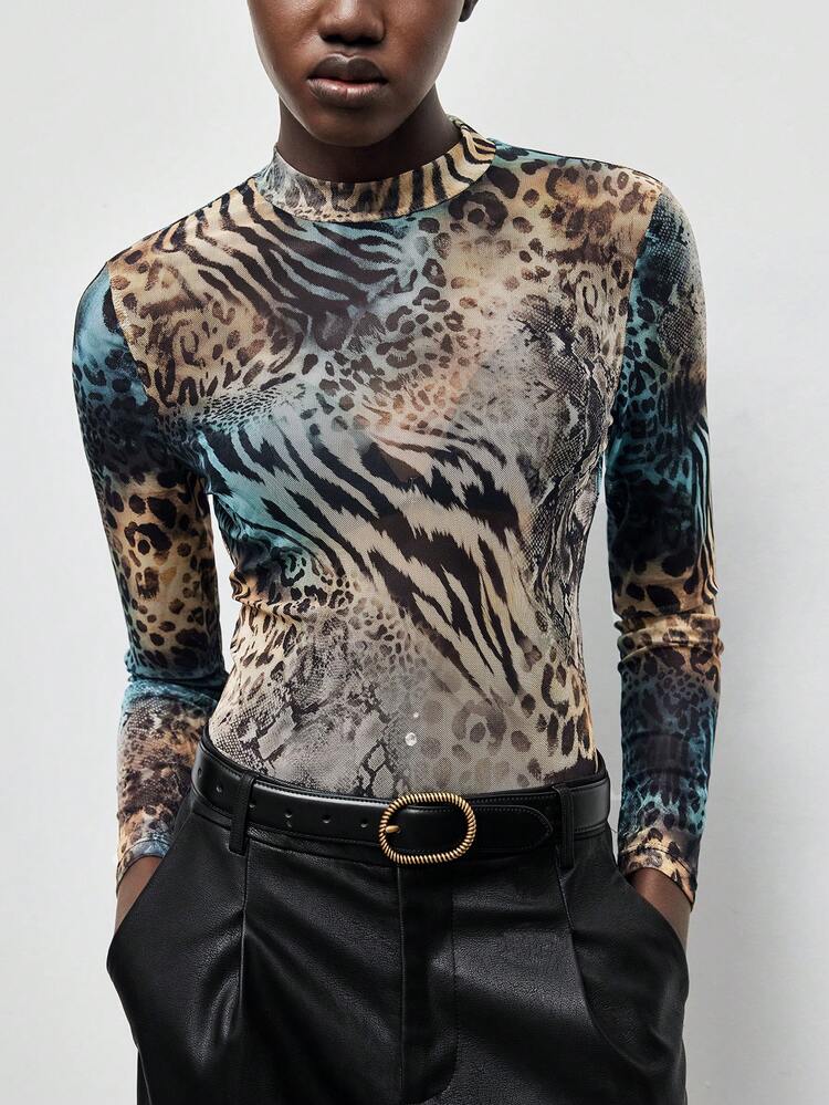 SHEIN Maija 2026 Neuer figurbetonter, sexy und modischer Langarm-Top mit Zebra- und Leopardenmuster, modern, elegant, vielseitig einsetzbar für den urbanen Alltag, romantisch, lässig, 90er Jahre, Thanksgiving-Party, Strand, Abschlussfeier, Feiertage, Hochzeitsgast, geeignet für Date, Party, Konzert, Bühnenauftritt, Brunch, Flughafen, St. Patrick's Day, Ostern, Sommer, Strandurlaub, Ausgehen, Abschlussfeier