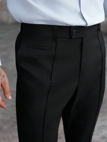 Manfinity Mode 男士素色百褶口袋直筒休閒正式長褲 男士黑色西裝正裝長褲 適用於儀式 - 黑色 - 查看 7