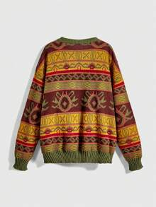 ROMWE Fairycore Casual Geometric Pattern Dropped Shoulder Loose Knit Sweater, Autumn/Winter - Brown - View 2