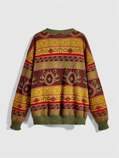 Fairycore Casual Geometric Pattern Dropped Shoulder Loose Knit Sweater, Autumn/Winter