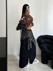 StreetHx Women's Casual Vacation Street Dance Style Patchwork Plaid Elastic Waist Straight Leg Jeans - Black - View 3