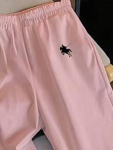 SHEIN EZwear 粉色小马印花休闲裤，女士款，适合夏季和度假穿着。 - 粉色 - 查看 3