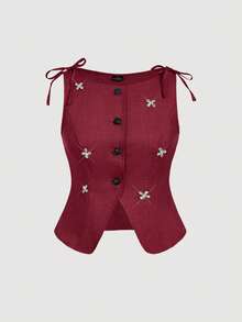 SHEIN MOD 大码优雅通勤水钻酒红色女士无袖薄款西装外套 - 酒紅色 - 查看 1