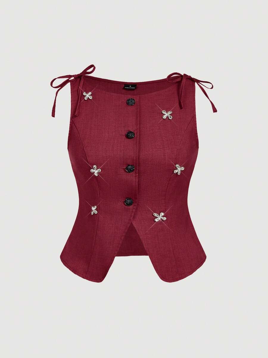 SHEIN MOD 大码优雅通勤水钻酒红色女士无袖薄款西装外套 - 酒紅色 - 查看 1