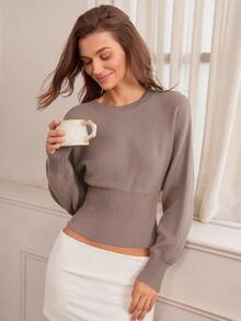 Hanevo Casual Round Neck Drawstring Waist Slim Fit Solid Color Knit Sweater, Versatile For Autumn/Winter - Brown - View 4