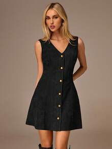 Avantive Women's Minimalist Front Button V-Neck Sleeveless Mini Dress, Summer - Black - View 5