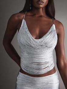 Hauture Sexy Party Night Out Glam Silver Fringe Tie Back Cami Top - Silver - View 4