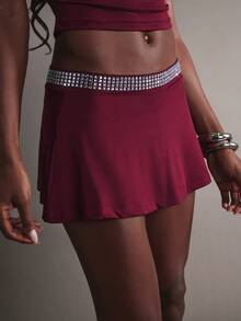 Hauture Jupe mini évasée à taille basse ornée de strass pour femmes - Rouge foncé - Voir 2