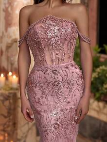 Glamrae Elegant Luxurious Embroidered Lace Sequin Beaded Off Shoulder Pearl Chain Sexy Mermaid Tail Dress With Train, Suitable For Weddings, Events, Bachelorette Parties, Vacations, Galas, Graduations, Formal Occasions (Heavy-Duty), Valentine's Day - Dusty Pink - View 1