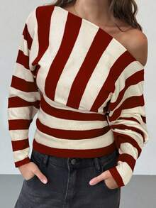 Aloruh Asymmetric Shoulder Black & White Striped Batwing Sleeve Cinched Waist Tight Fitted Young Lady Sweater - Burgundy - View 5