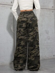 SHEIN 少女时尚休闲 Y2K 复古酷炫街头风返校季学院风工作服口袋设计简约基础款迷彩牛仔宽松牛仔裤日常穿搭秋冬派对及街头服饰 - 軍綠色 - 查看 2