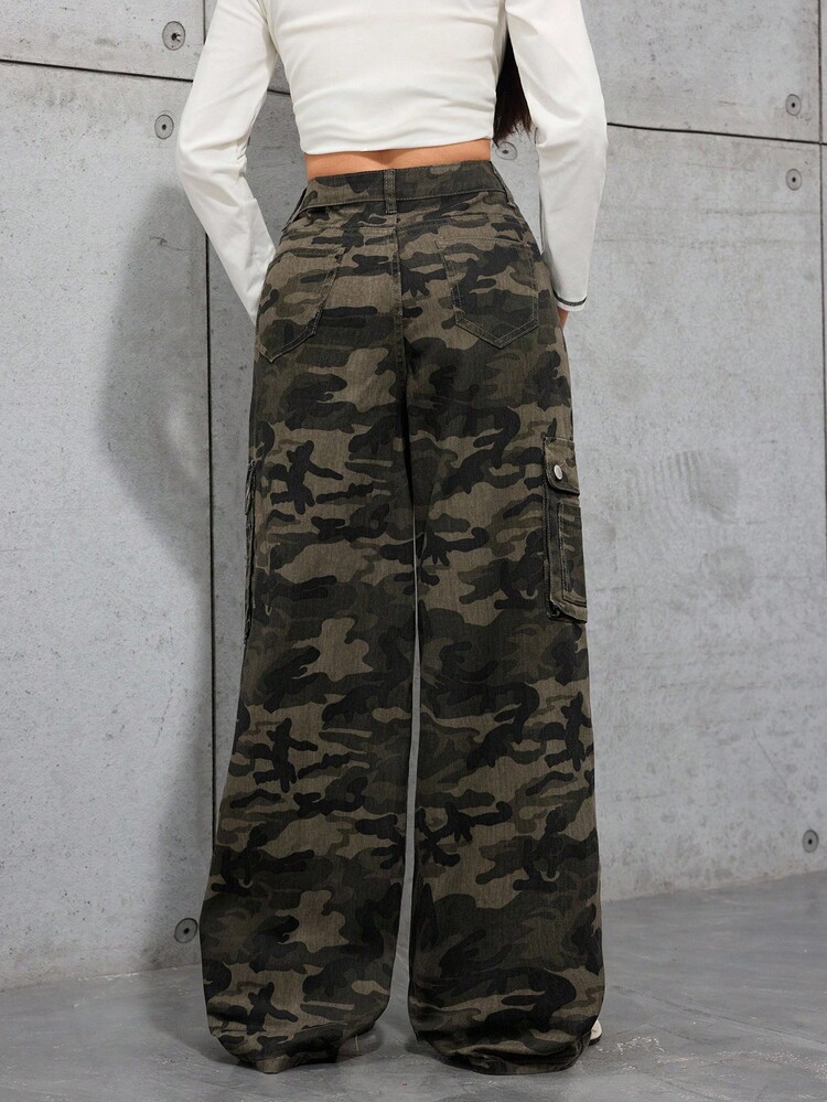 SHEIN 少女时尚休闲 Y2K 复古酷炫街头风返校季学院风工作服口袋设计简约基础款迷彩牛仔宽松牛仔裤日常穿搭秋冬派对及街头服饰 - 軍綠色 - 查看 2