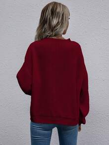 SHEIN LUNE Women's Solid Color Drop Shoulder Long Sleeve Loose Casual Pullover Sweater, Autumn/Winter - Red - View 2