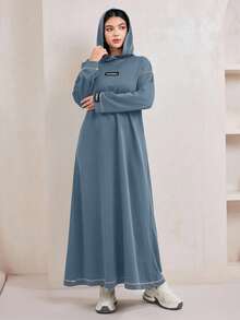 Veilorie 连帽撞色缝线字母图案长款卫衣连衣裙 - 藍色 - 查看 4