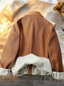 Franclia 加厚保暖内衬，韩版宽松版型，时尚青春，百搭卡其色灯芯绒撞色保暖内衬长袖翻领纽扣设计，单口袋，秋冬女式衬衫/外套。 - 卡其色 - 查看 2