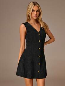 Avantive Women's Minimalist Front Button V-Neck Sleeveless Mini Dress, Summer - Black - View 8