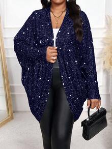 SHEIN Lady CURVE New Spring, Summer, Autumn And Winter Navy Blue Knitted Diamond Fabric Loose Slim Long Sleeve Plus Size Jacket  New Year Clothes Christmas Party Thanksgiving Stylish Clothing Collection - Navy Blue - View 5