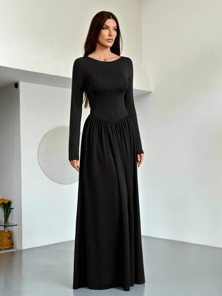 SHEIN Tall Neues weißes Kleid mit V-Ausschnitt und Langarm, Slim Fit, thermisch isolierend, vielseitig einsetzbar, Herbst/Winter - Schwarz - Übersicht 9