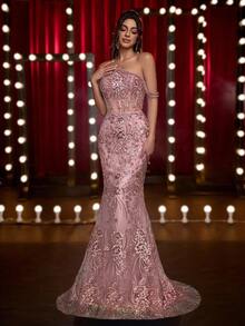 Glamrae Elegant Luxurious Embroidered Lace Sequin Beaded Off Shoulder Pearl Chain Sexy Mermaid Tail Dress With Train, Suitable For Weddings, Events, Bachelorette Parties, Vacations, Galas, Graduations, Formal Occasions (Heavy-Duty), Valentine's Day - Dusty Pink - View 6