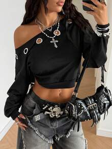 SHEIN HypeZone 女士朋克风露肩铆钉短款卫衣，黑色，秋季款 - 黑色 - 查看 5