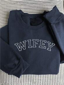 INAWLY Fall Vintage Contrast Slogan Embroidered Crew Neck Contrast Pattern Sweatshirt, Wife's Gift - Navy Blue - View 3